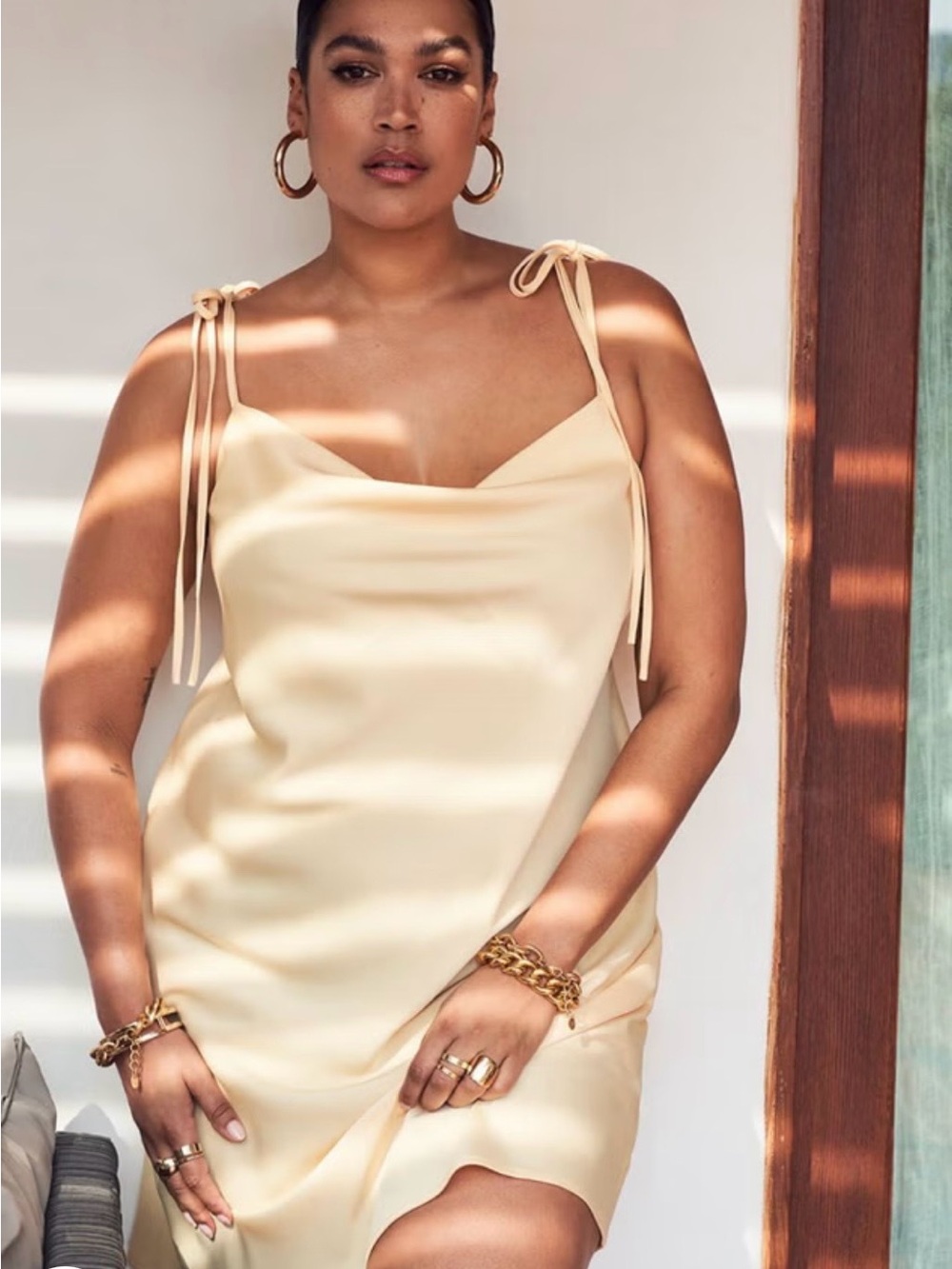 Eloquii Butter Yellow Mini Cowl Neck Tie-Shoulder Satin Slip Dress NWT Size 18